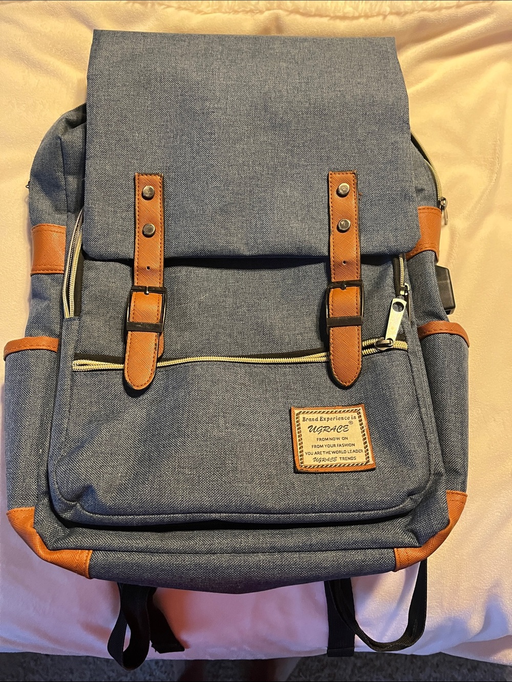 UGRACE Blue Canvas Backpack with Brown Accents